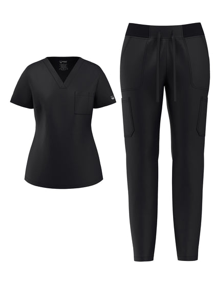 Women's Scrub Pants Set, Elastic Breathable Polyester Spandex Blend, V-Neck Short Sleeve with Pocket, Solid Color, for Work