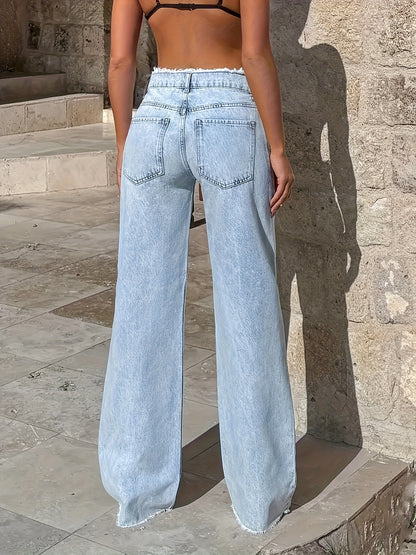 1pc Women'S Light Blue Wide Leg Jeans with Frayed Hem - Loose Fit Denim Pants for Spring Summer Fall, Casual Chic Machine-Washable Non-Stretch Jeans, Fall Fashion Wear, Durable Fabric Jeans, Street Style, Sturdy Construction, Trendy Style