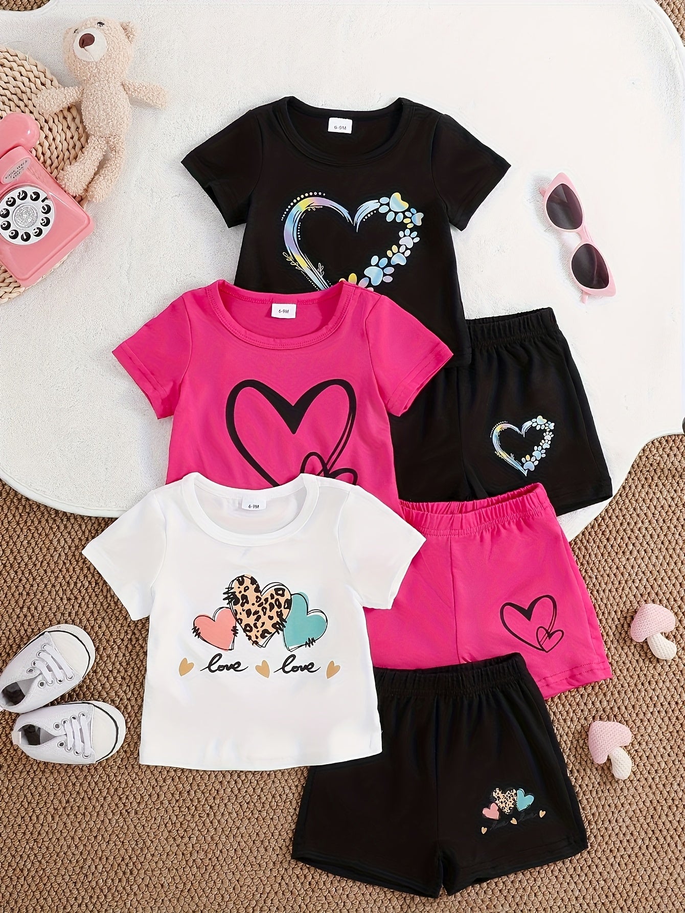 Directional Development of Spring And Summer New Cute Love Letter Printed Short Sleeve Shorts Three-Piece Set, for Outdoor