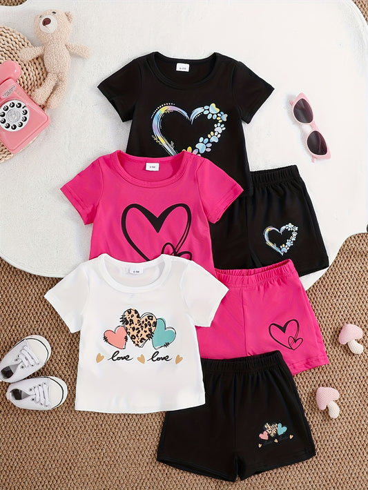 Directional Development of Spring And Summer New Cute Love Letter Printed Short Sleeve Shorts Three-Piece Set, for Outdoor