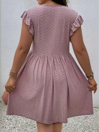 Plus Size - Summer Plus-Size Women'S Hollow-Out Embroidered Dress - Cross V-Neck with Ruffled Short Sleeves And a Flared Skirt, Made of Lightweight Breathable Fabric, Available in Sizes L-5XL, Suitable for Beach Or Casual Wear