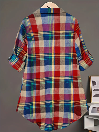 [Plaid Long Sleeve Shirt] For Plus Size - For Plus Size - Autumn And Winter Plaid Long Sleeve Button Up Casual Shirt - Plaid Print, Button Up Design, Pockets, Thin And Thick - A Versatile Shirt For Plus Size Ladies For Life And Work