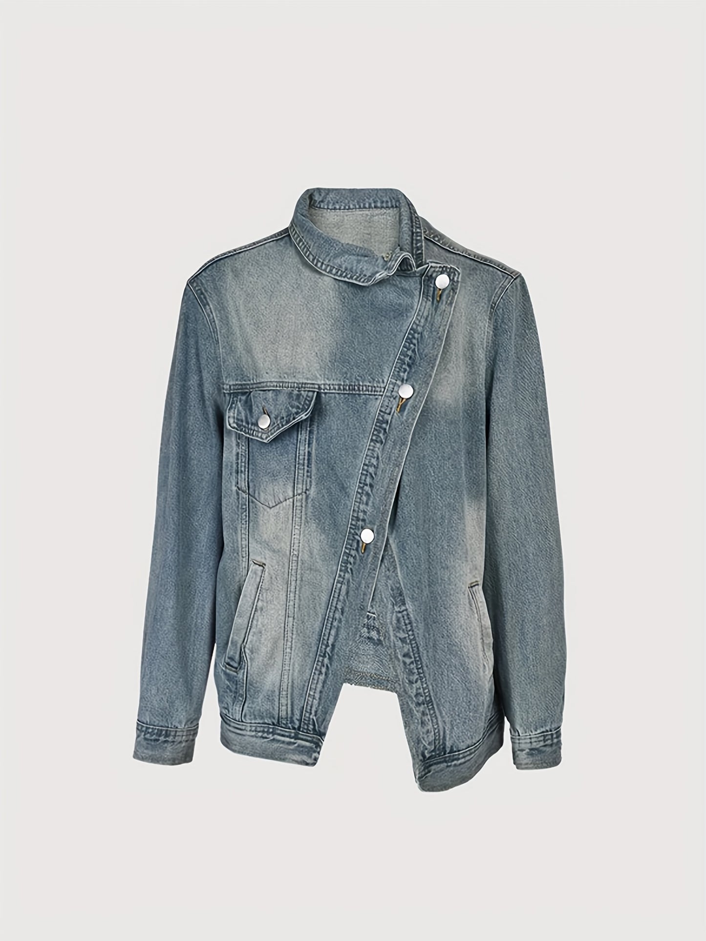 Women's Vintage Washed High Neck Asymmetric Button Denim Jacket - Loose Fit Drop Shoulder Streetwear Coat, Single-Breasted Collar Jacket for Spring/Fall/Winter, Casual Outerwear Blouse