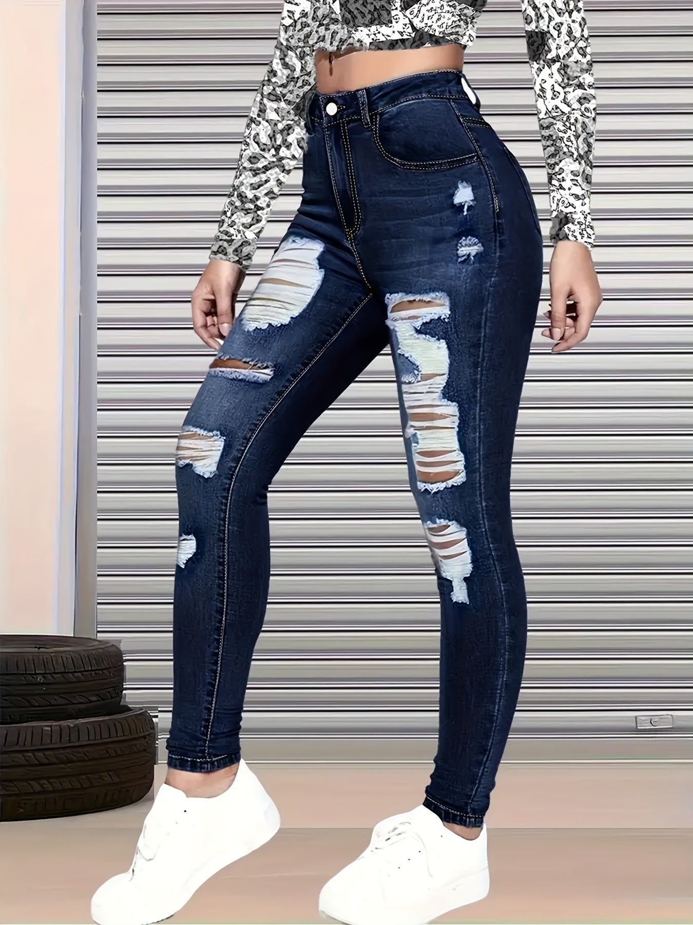 Women's Dark Blue Ripped Skinny Jeans, High Stretch Slim Fit Distressed Denim Pants with Pockets, Casual Streetwear Skinny Denim Trousers for Daily All-Season Wear