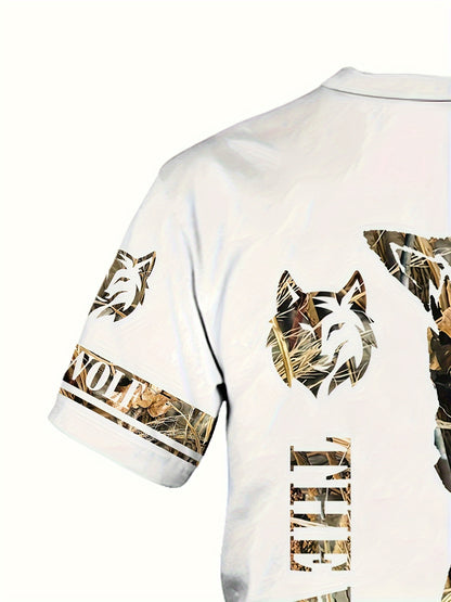 Summer Men's wolf pattern casual round neck short-sleeved T-shirt and shorts 2pcs set, suitable for outdoor activities