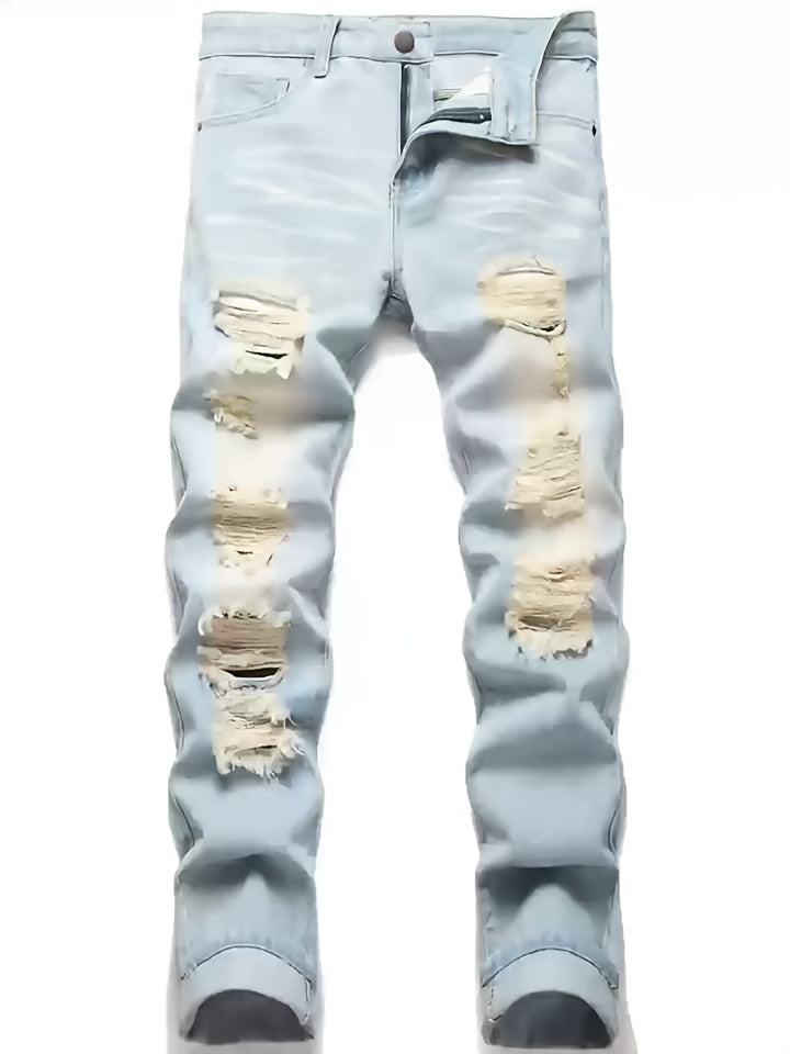 Men'S Torn Denim, Retro Faded Tapered Trousers, Basic Design, Slim Cut, Casual Pants for All Seasons, Ideal for Fall And Winter, Particularly for Christmas, Halloween, And Thanksgiving Presents