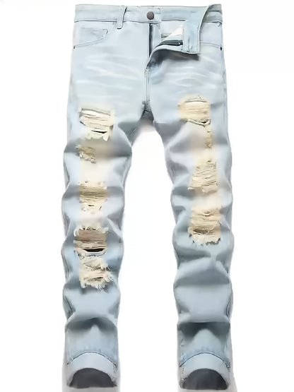 Men'S Torn Denim, Retro Faded Tapered Trousers, Basic Design, Slim Cut, Casual Pants for All Seasons, Ideal for Fall And Winter, Particularly for Christmas, Halloween, And Thanksgiving Presents