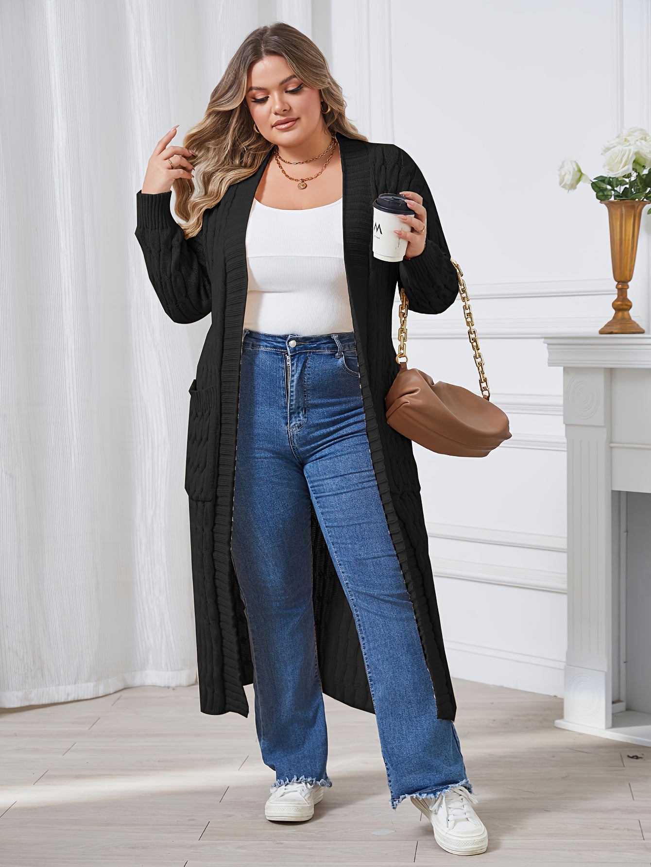 Plus Size, Large Size Twisted Flower Long Cardigan with Large Pockets, Loose Sweater Jacket for Autumn and Winter Fashion, Over the Knee for Outerwear