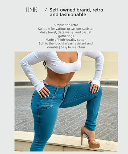 HME-White/Turquoise Midriff-Waisted Denim Pants - Tight-fitting Denim Pants Featuring A Multi-button Midriff Design And Decorative Stitching Pockets. Can Be Paired with High Heels for Dates Or Outings.
