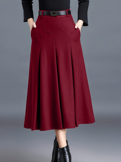 Women'S High-Waisted Winter Skirt - Elegant A-Line Pleated Design, Cold Weather Skirt for Fall And Winter Seasons, Sophisticated Style, Quality Stitching, Office Attire, Classic Design, Durable Material, Professional Women