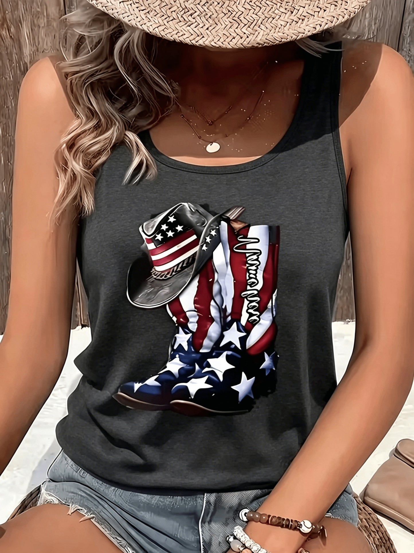 [Valentine's Day, 4th Of July] Stylish American Flag Cowboy Boots And Hat Print Tank Top, Perfect For Home, Outings, Or As A Gift, Ideal For Valentine's Day, 4th Of July, Summer Wear