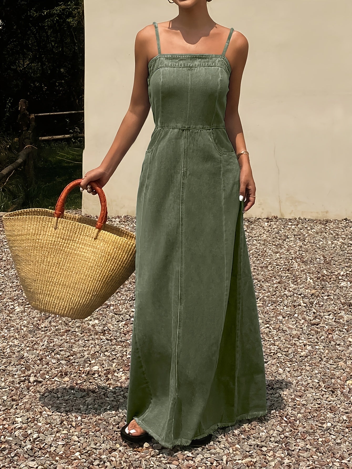 Vintage Washed Denim Maxi Dress for Women Sleeveless Long Jean Dress with Relaxed Non-Stretch Fabric, Casual Boutique Outfit for Spring Fall