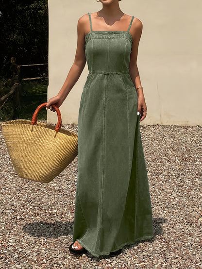 Vintage Washed Denim Maxi Dress for Women Sleeveless Long Jean Dress with Relaxed Non-Stretch Fabric, Casual Boutique Outfit for Spring Fall