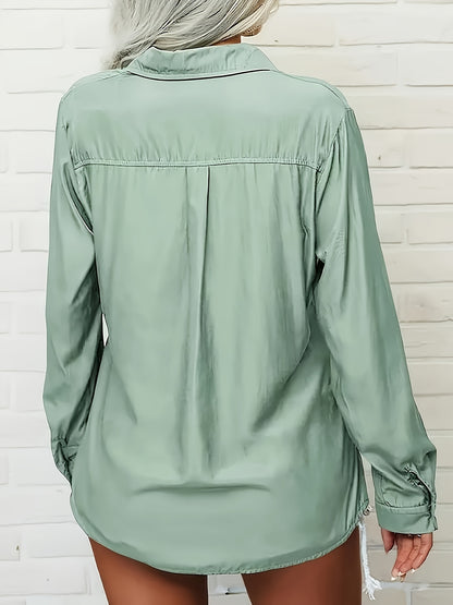 Women's Solid Color Lapel Long Sleeve Button- Shirt - Casual & Office Versatile Blouse, Machine Washable Spring/Fall Top with Classic Collar Design