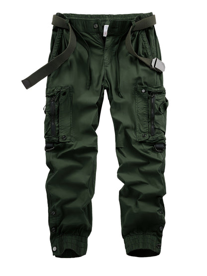 Solid Cargo Men's Casual Long Pants with Multiple Pockets AndButtons, Outdoor Hiking Camping Mountaineering