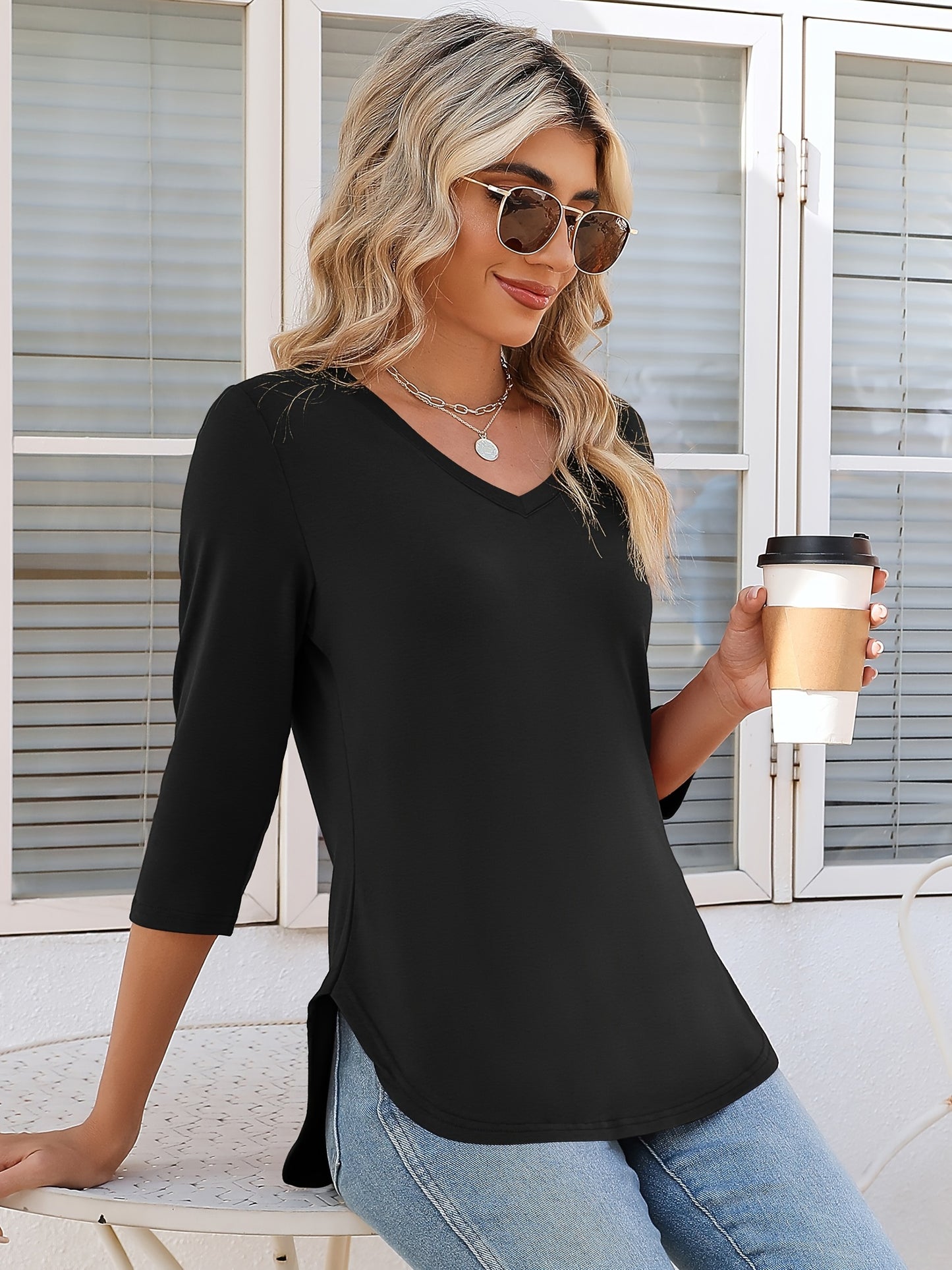 Elegant Casual Solid Color Basic Top with 3/4 Sleeves And a V-Neck for Women, Perfect for Summer