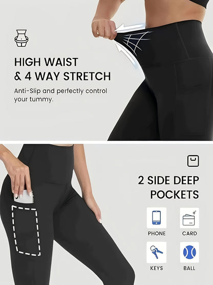 1pc Women'S High-Waisted Yoga Pants with Pockets, Solid Color Fabric, Sporty Style, High Stretch Athletic Running Leggings for Adults Thanksgiving Day Christmas Costumes for Women