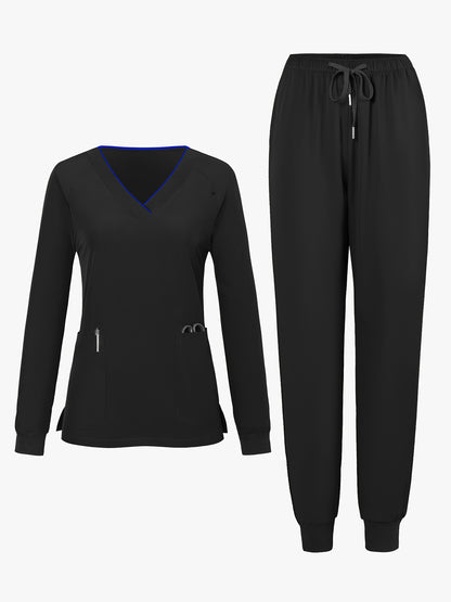 2pcs Women's V-Neck Matte Suit with Long Sleeve Stretch S Uniform Work Clothes Washable Pockets Breathable Elastic Top And Waist Cord Pocket Pants Set