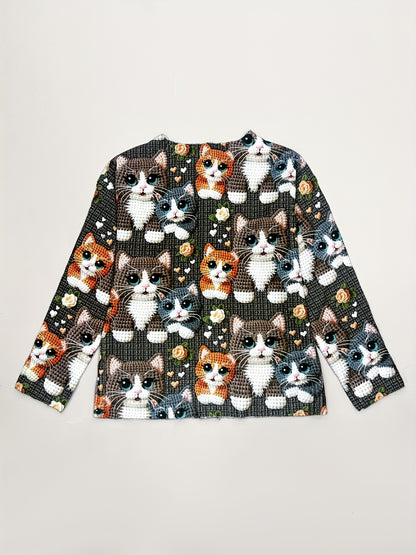 2025 Women's Long Sleeve 3D Printed Crochet Cat Print Cardigan Sweater in Youthful Style