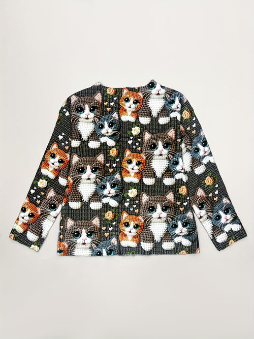 2025 Women's Long Sleeve 3D Printed Crochet Cat Print Cardigan Sweater in Youthful Style