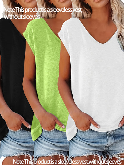 [3pcs V-Neck Vests] 3pcs Solid-Color V-Neck Vests, Casual Vests for Spring And Summer, Women's Wear
