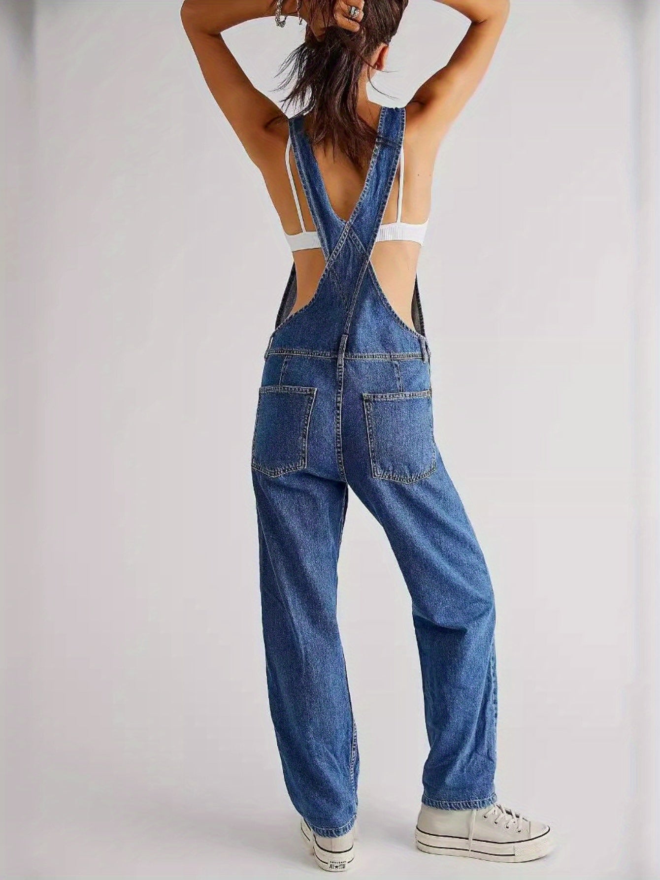 [Denim Bib Overalls] 1pc Women's Denim Bib Overalls Jumpsuit - Loose Fit, Straight Wide Leg Baggy Jean Style with Pockets, Machine Washable Casual Spring Summer Fall Outfit, Sizes S-XXL