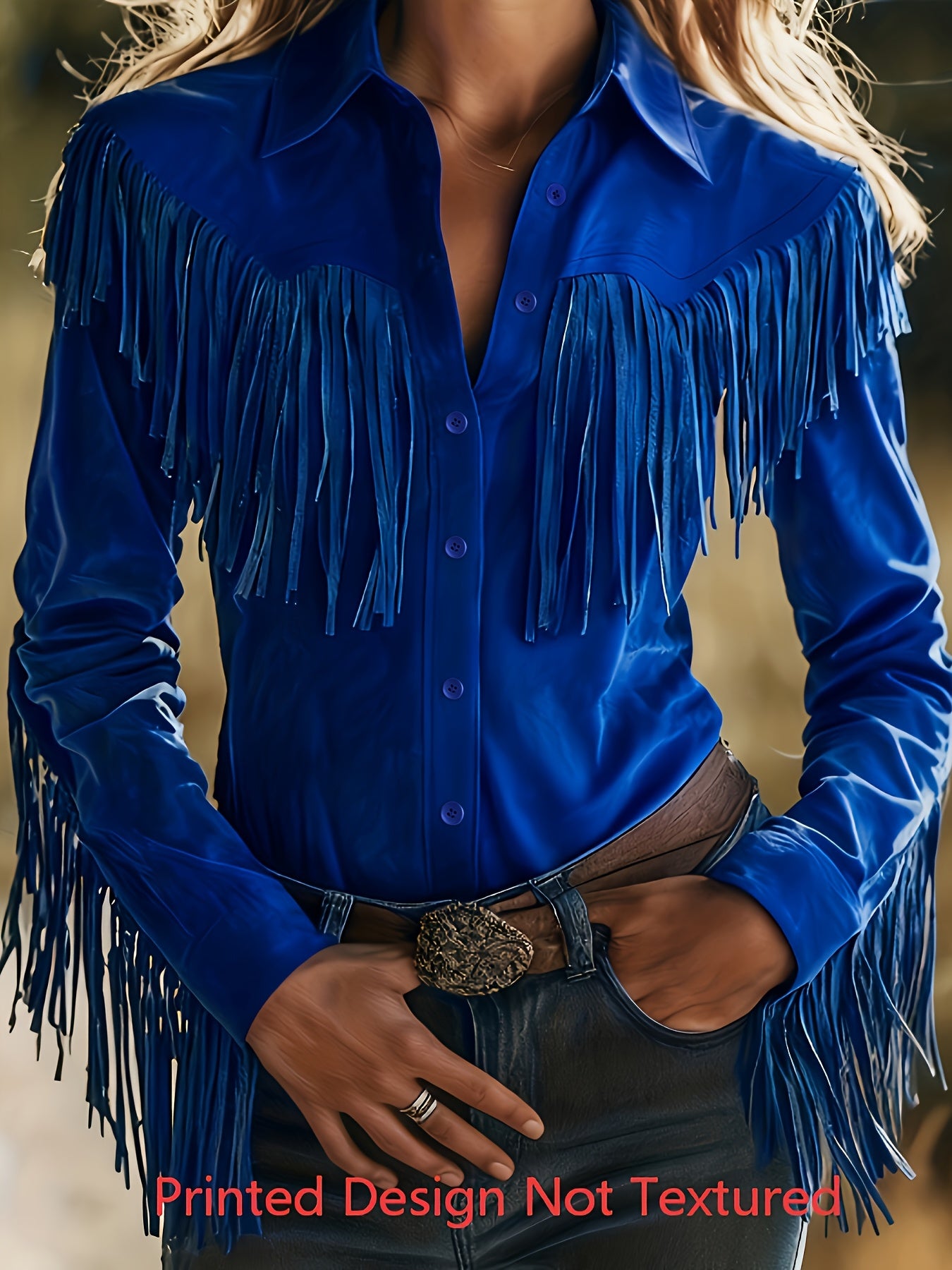Women'S Vintage Minimalist Fringed Design Turn- Collar Buttoned Long-Sleeve Top Printed Design Not Textured