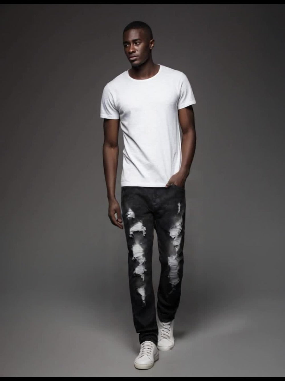 Men's Slim Fit Jeans - Black Denim Distressed Everyday 424101