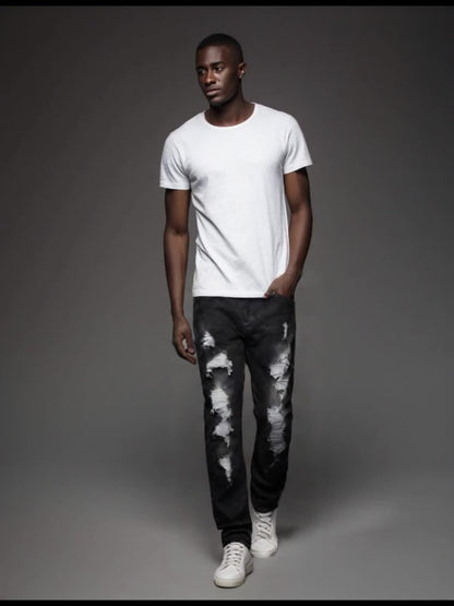 Men's Slim Fit Jeans - Black Denim Distressed Everyday 424101