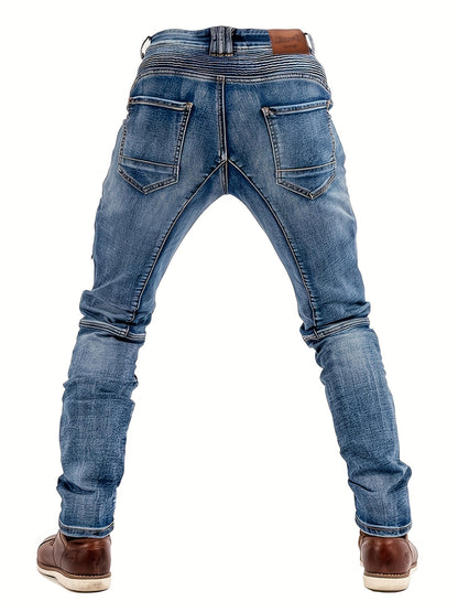 Men's Vintage Washed Motorcycle Pants - Slim Fit Stretch Denim with Elastic Panels, Mid-Stretch Comfort & Zipper Closure, Machine Washable All-Season Casual Riding Jeans