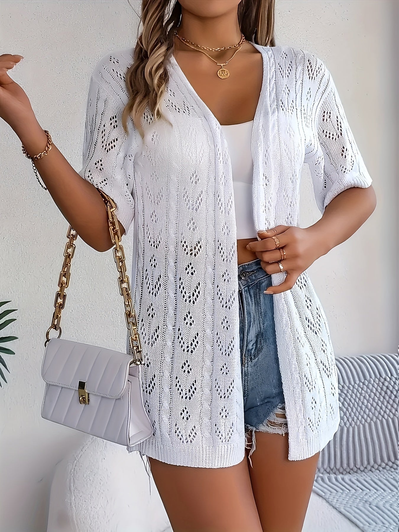 Plus Size, Plus Size Women's Lightweight Lace- Cardigan - Open Front Semi-Sheer Cover-Up with Cut-Out Design, Casual Chic Spring/Summer Beachwear for Vacation & Leisure, Summer Layering Piece | Elegant Cardigan | Elegant Craftsmanship, Lace Cardigan