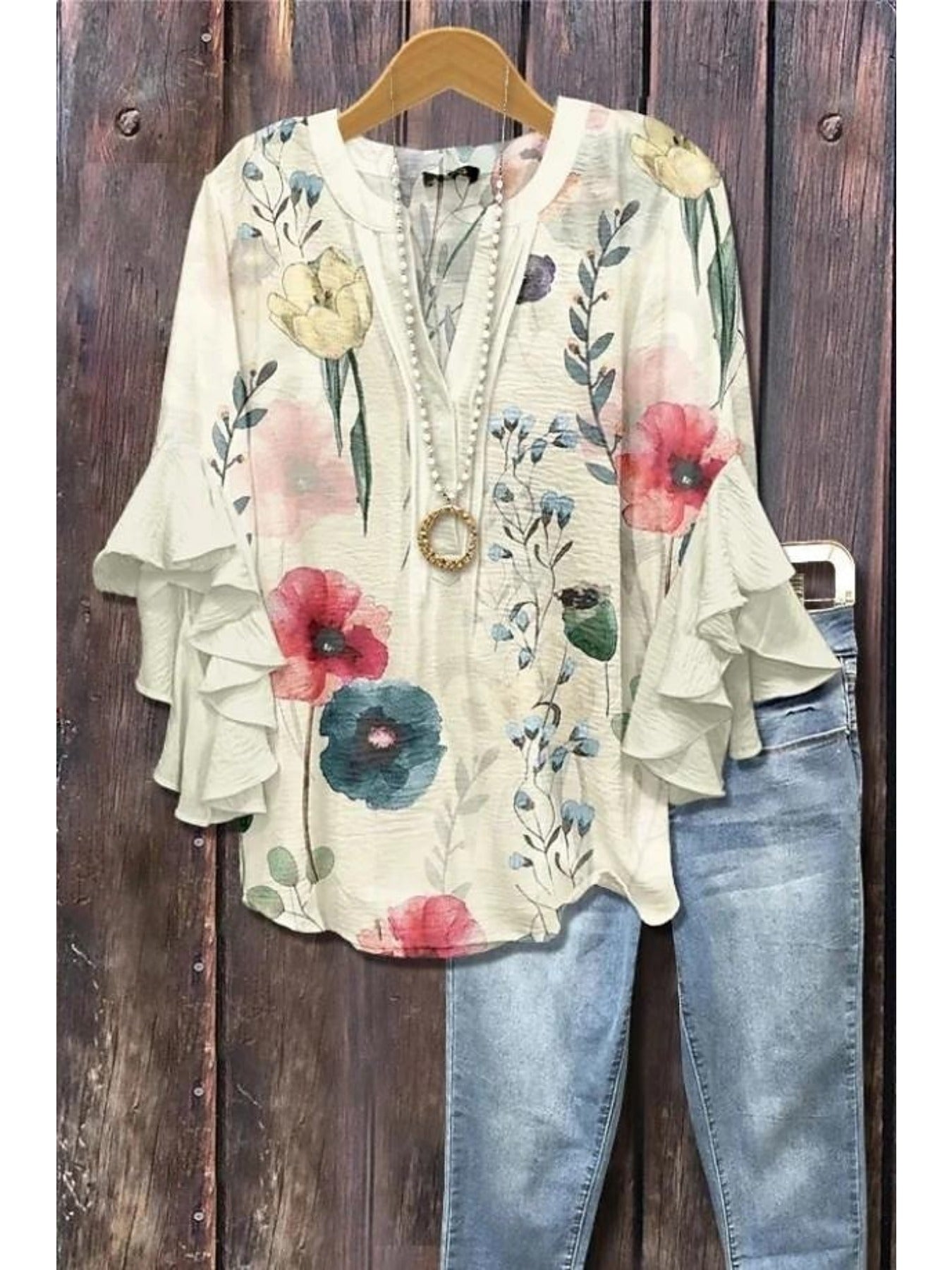 [Holiday Tops] Women's Blouse Ruffle Print Paisley Stylish Modern 3/4 Length Sleeve V Neck Regular Tops Daily Holiday Blue Black Wine Khaki Summer