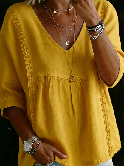Women'S V-neck Loose-fit Top With Lace Panels; Elegant Design, Three-quarter-length Puff Sleeves, Lace Cut-out Detailing At The Sides, Figure-flattering Cut That Conceals The Tummy; Perfect For Bohemian-inspired Office Wear