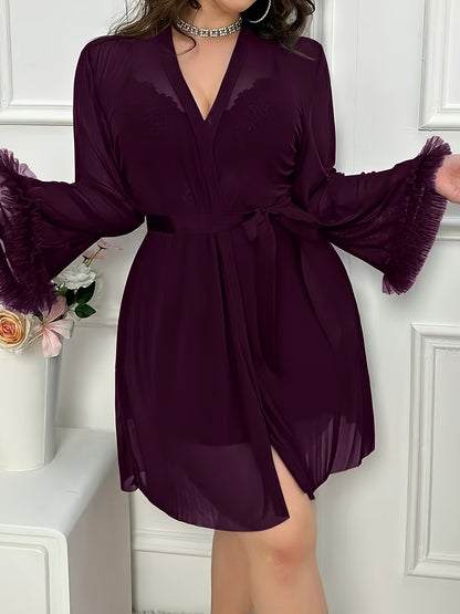 Plus Size Women's Solid Color Elegant Sexy Comfortable Mesh Lace Splicing Bow Thin Strap Nightgown+ Wide Sleeve Robe Pajama Loungewear 2pcs Set