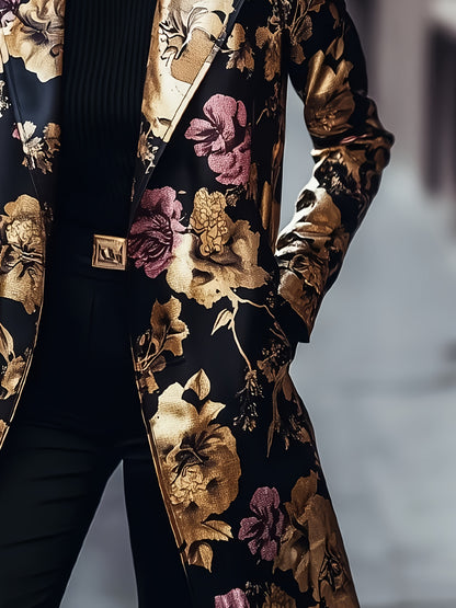 Plus Size - Plus Size - Long-Sleeved Single-Breasted Mid-Length Suit Jacket with Floral Pattern