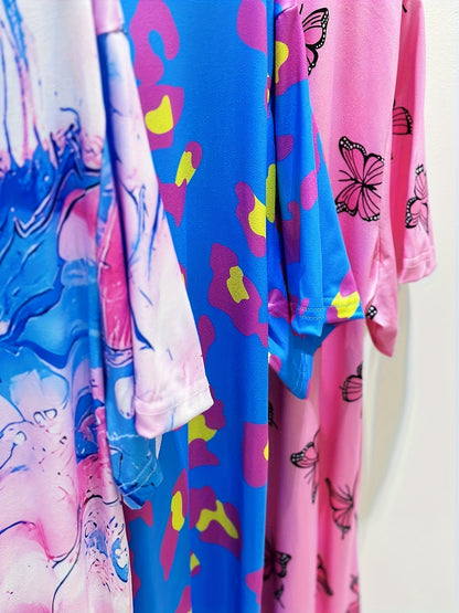 Set of 3 Plus-Size Nightgowns for Women Featuring a Casual Tie-Dye Print with Fruit And Cherry Designs in Shades of Pink