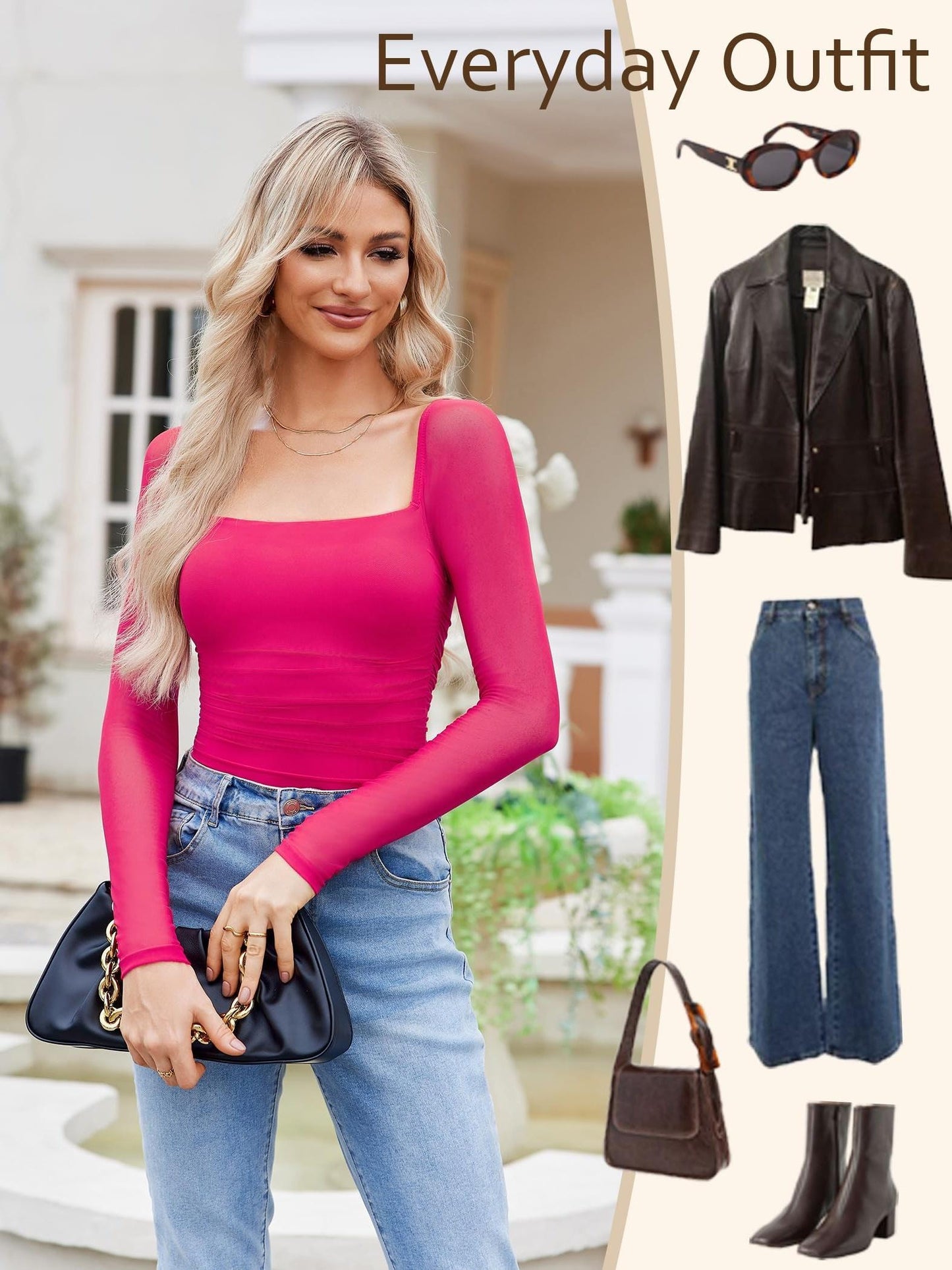 Women'S Square Neck Mesh Long Sleeve Bodysuit Shirts Ruched Body Suit Sexy Sheer Tops Date Night Outfit