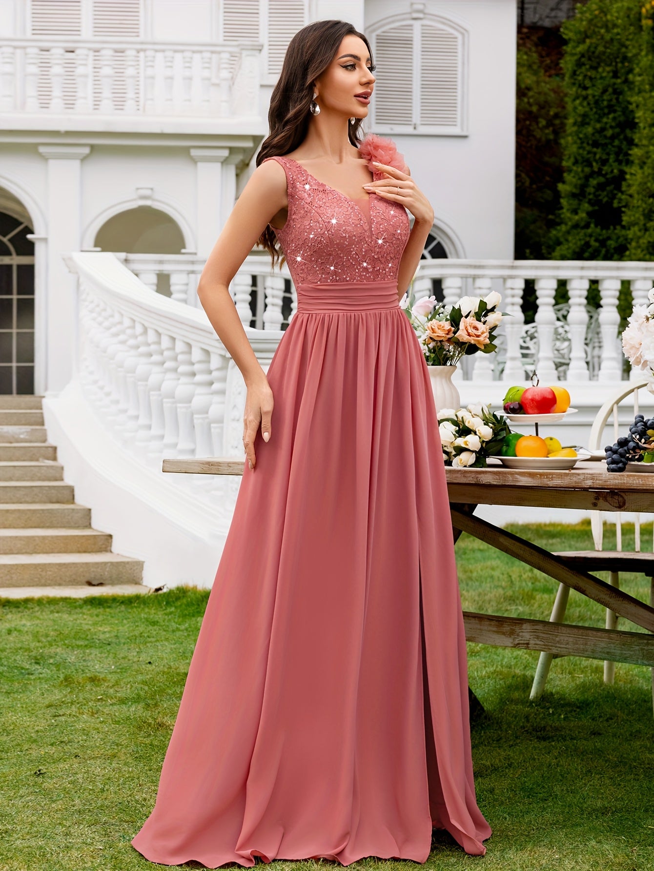 24451A Elegant Womens Mesh Deep V Neck Sequin Lace Maxi Dress, Sleeveless Applique Shoulder, Back V Neck, Ruched A Line Waist, High Thigh Slit Hem, Perfect For Formal Wedding Guest, Prom, Bridesmaid Party, Graduation Season, Wedding Season