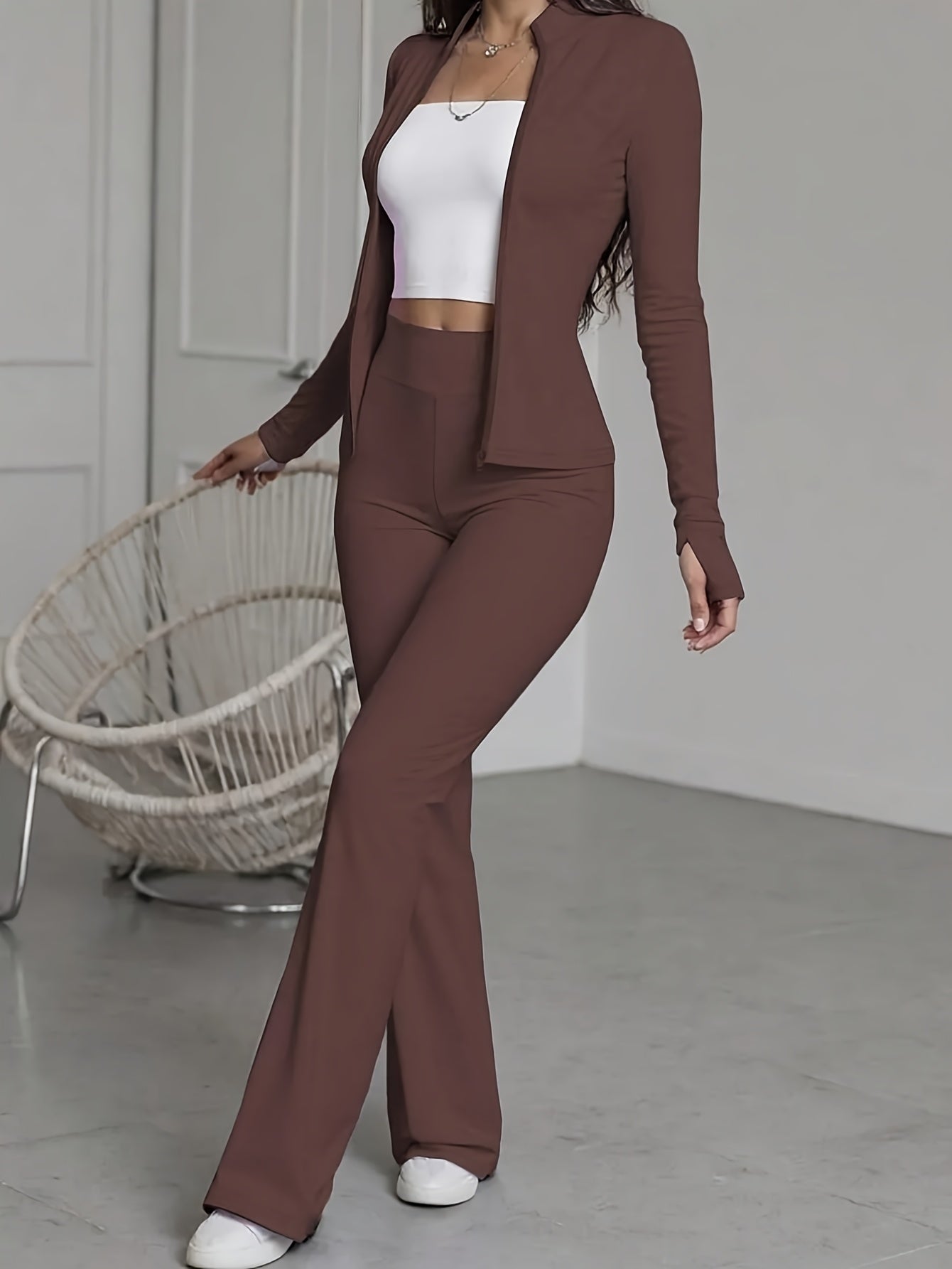 Women'S 2pcs Solid Color Fitted Sports Set Zipper Jacket & Pants Spring Autumn Yoga Workout Wear