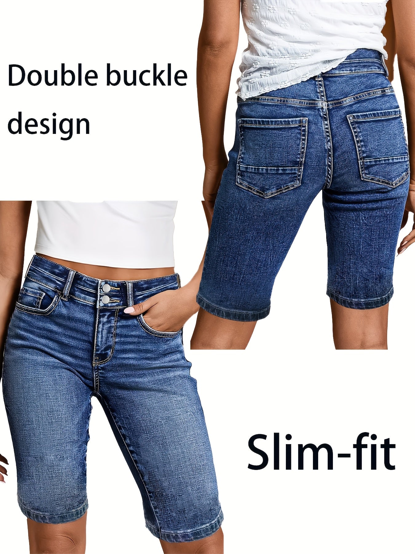 Women'S Denim Shorts | Elegant Bermuda Style, Double-button Design, Medium Stretch Fabric, Comfortable and Casual for Spring/Summer, Versatile and Fashionable