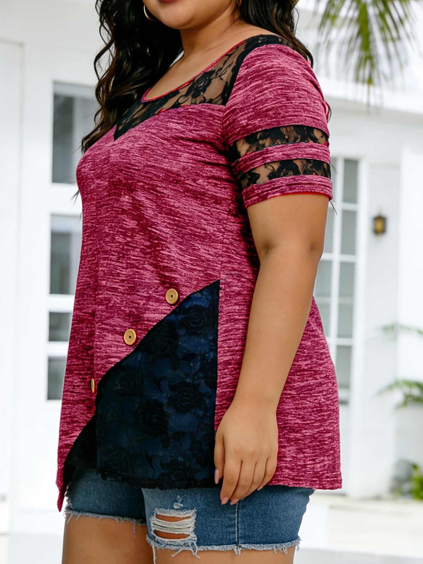 Plus Size - Plus Size - Women'S Plus Size Lace Trim Blouse Tops, Flattering V-Neck Tunic Shirt, Casual Dressy Elegant Tops, Flowy Tunic Top with Lace Sleeves, Comfort Stretch Blouse for Women, Loose Fit Shirt, Sizes XL-5X
