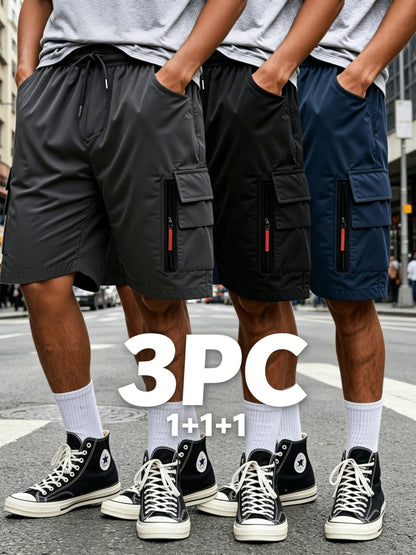 3pcs Loose Casual Cargo Shorts, Lightweight Breathable Quick Dry Fabric, Elastic Drawstring Waist with Multi Functional Pockets; Versatile Knee Length Shorts for Gym Training, Golf, Camping, Hiking And Daily Commute, Perfect for Outdoor, for Teenager