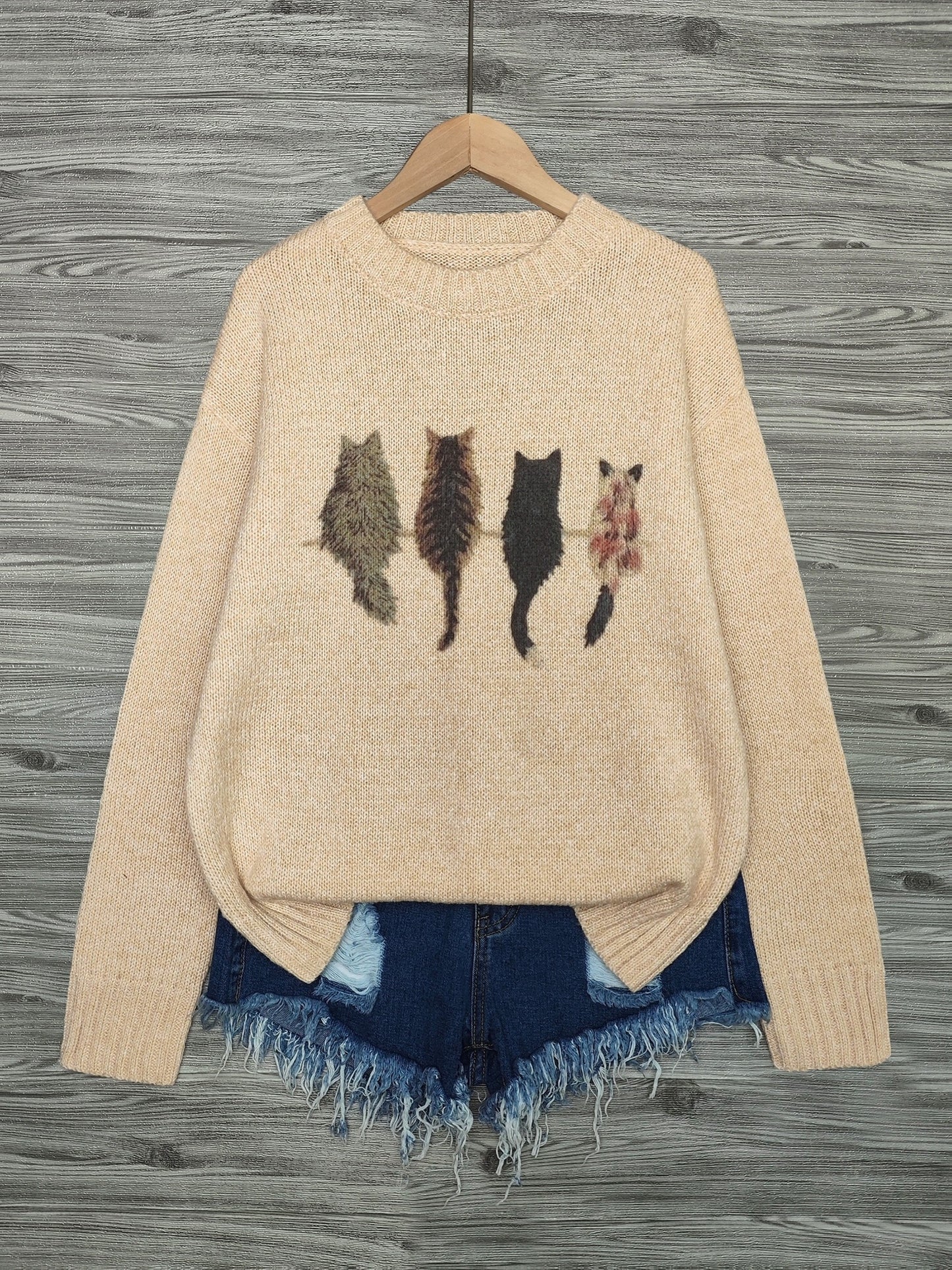 [Cozy Cat Sweater] Cozy Cable Sweater with Playful Cat Print | Women'S Beige & Brown, Loose Fit, Long Sleeve, Round Neck, Casual Spring And Autumn Top Ropa De Mujer Promotion Local Warehouse Discount