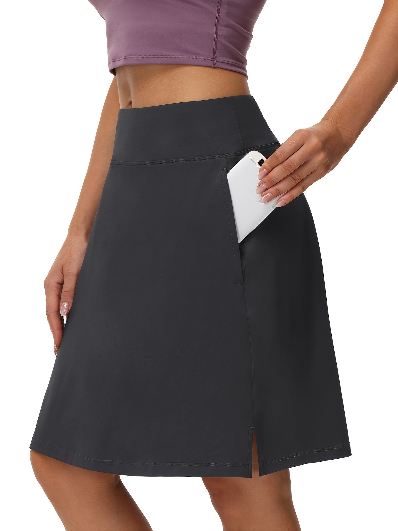 Tennis Sports Mid-Length Skorts, Soft Breathable Quick Drying Yoga Fitness Golf Skirts with Phone Pocket