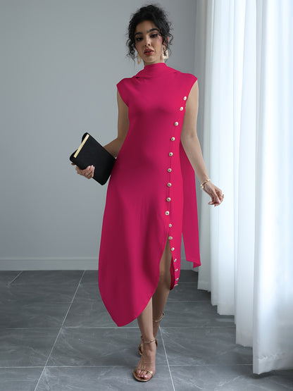 Women'S Elegant High Neck Sleeveless Maxi Dress with Shawl Collar & Split Hem - Solid Color A-Line Silhouette, Floor-Length to Mid-Calf Length Adjustable Maxi Dress for Spring Summer Fall, Casual to Formal Events, Wrinkle-Resistant Fabric (No Lining) - Ve