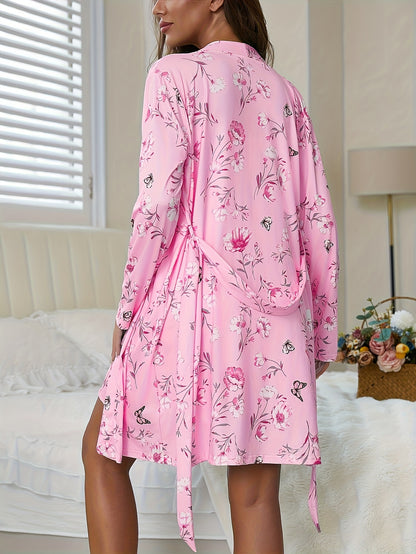 Women'S Floral Print Lace-Trimmed Slip Dress & Long Sleeve Robe Set - 2pcs Casual And Comfortable Pajamas Set