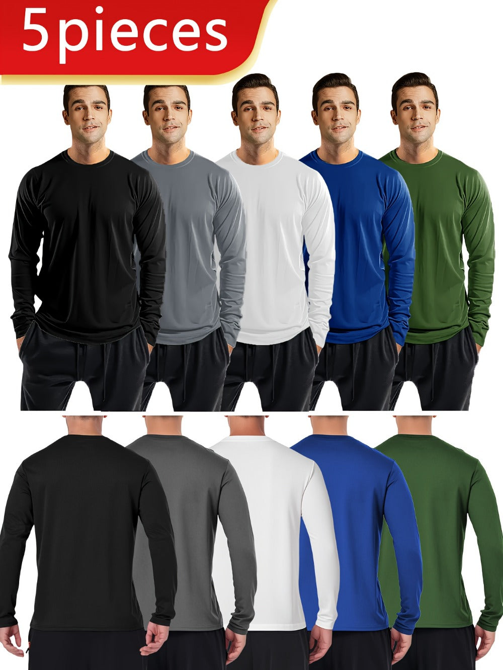 Men's 5-Pack Quick-Dry Long Sleeve Shirts - Breathable Mesh Fabric
