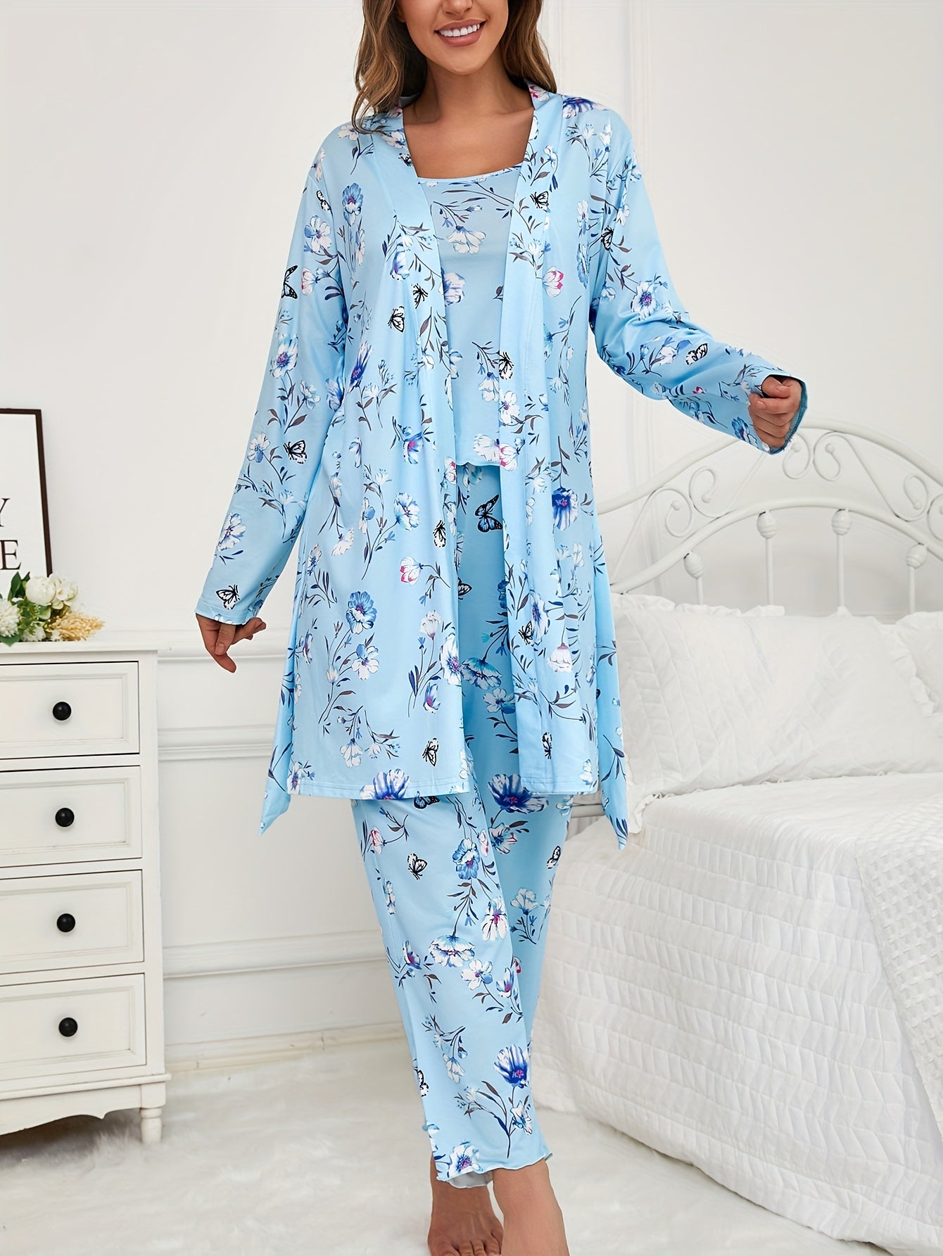 3pcs Floral And Butterfly Print Pajama Set - Long Sleeve Belted Robe & Cami Top & Pants Lounge For All Seasons
