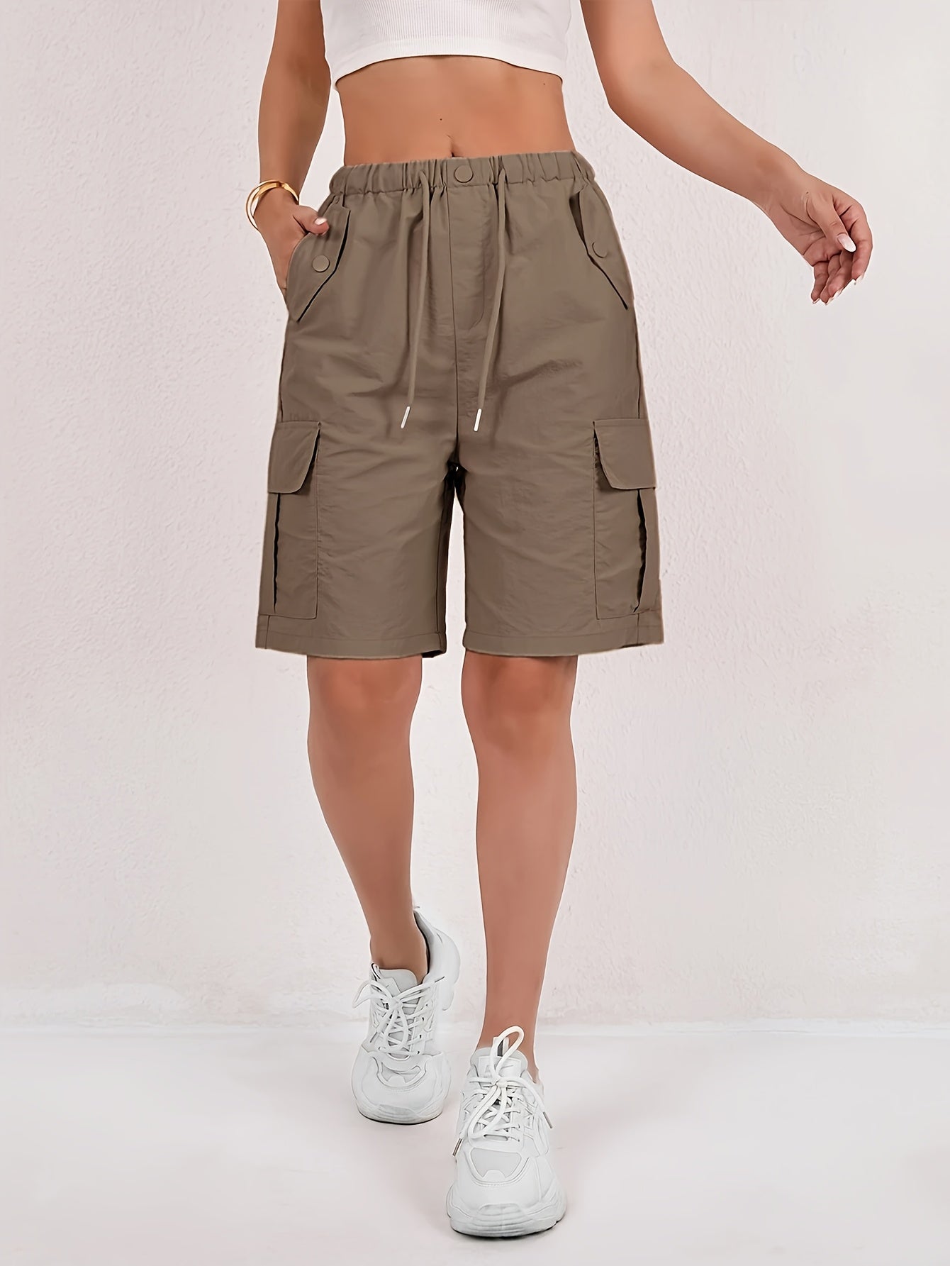 [Quick-Dry Cargo Shorts] 2pcs Women's Lightweight Quick-Dry Cargo Shorts - Loose Fit, Multi-Pocket Design, Mid-Thigh Length, Casual Wear For Spring/Summer/Fall, Machine Washable, Beige, Outdoor | Relaxed Fit Shorts | Shorts