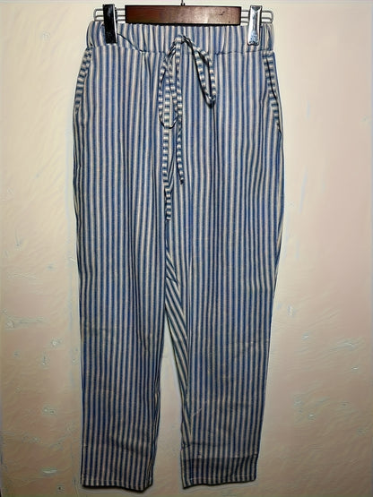 Women's High-Waisted Casual Wide Leg Pants - Lightweight Polyester, Machine Washable, All-Season Comfort with Side Stripe Detailing, 3/4 Length Relaxed Fit for Casual Attire, Comfy Pants, Versatile Wardrobe Staple, Stylish Stripe Detailing, Durable Constr